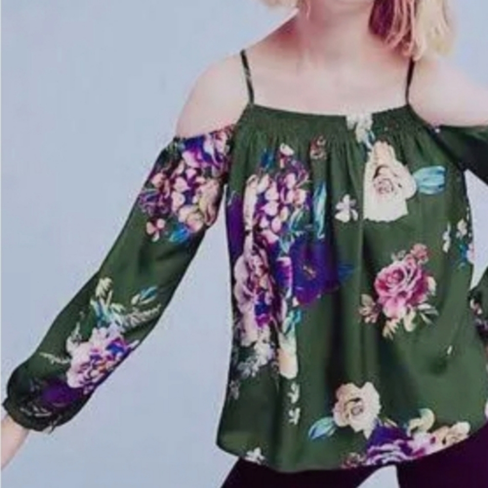 Anthropologie Maeve Tallie cold shoulder silk floral blouse women's size medium